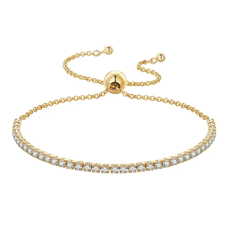 VAIGE 14K Gold Plated CZ Adjustable Slider Tennis Bracelet, 925 Sterling Silver Jewelry with Velvet Bag for Engagement and Wedding Gifts