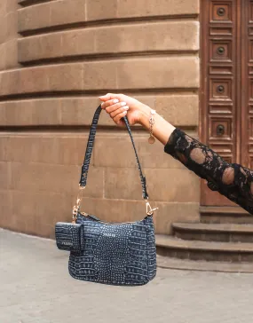 Vintage Croco Navy Blue Aura Shoulder Bag