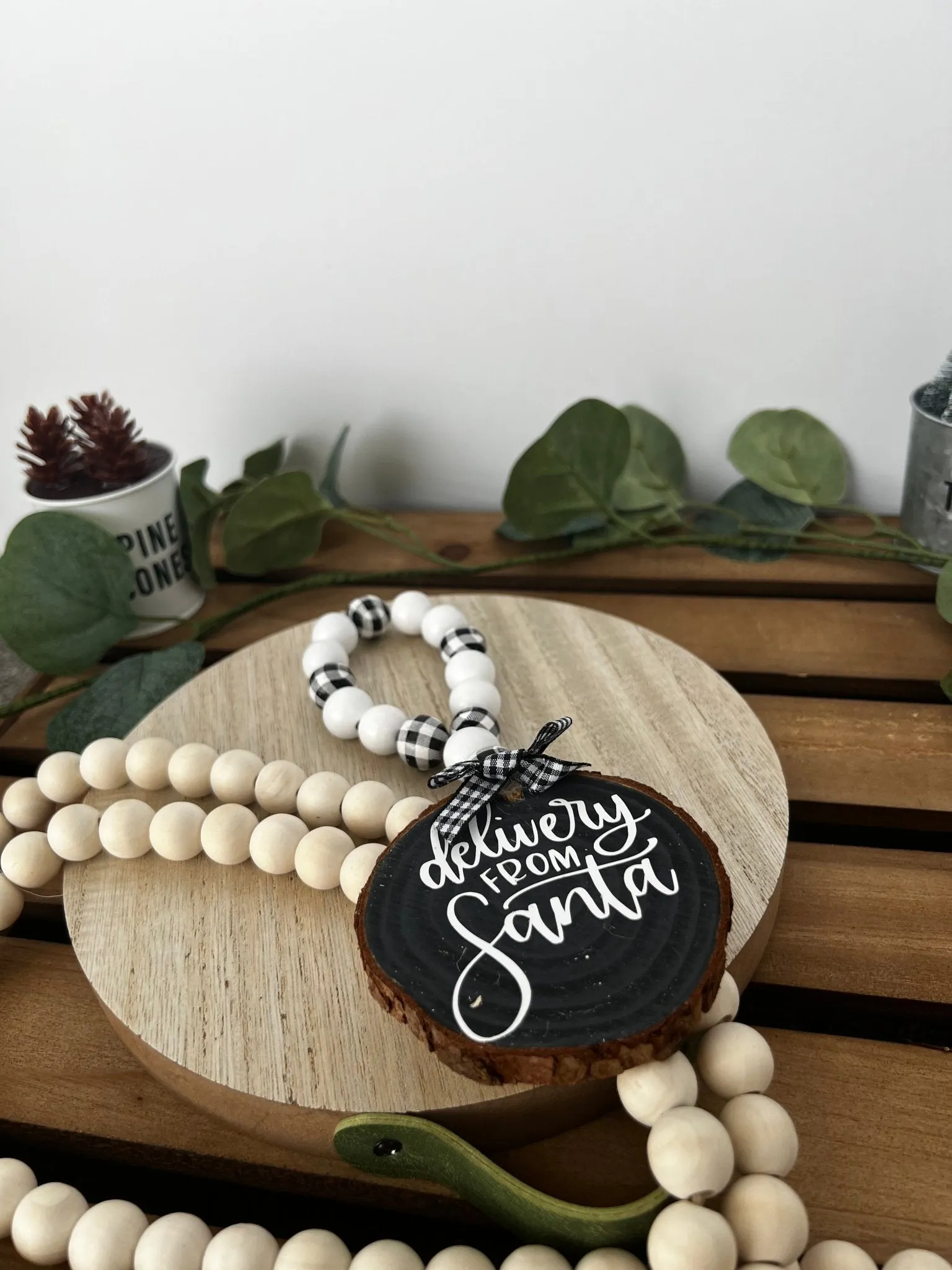 Wine Bottle Hang Tag with Wood Bead - Santa Detail
