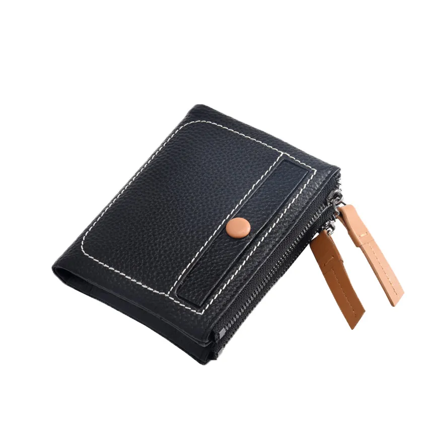Women's genuine cowhide leather short wallet/coin pouch Button design with zip