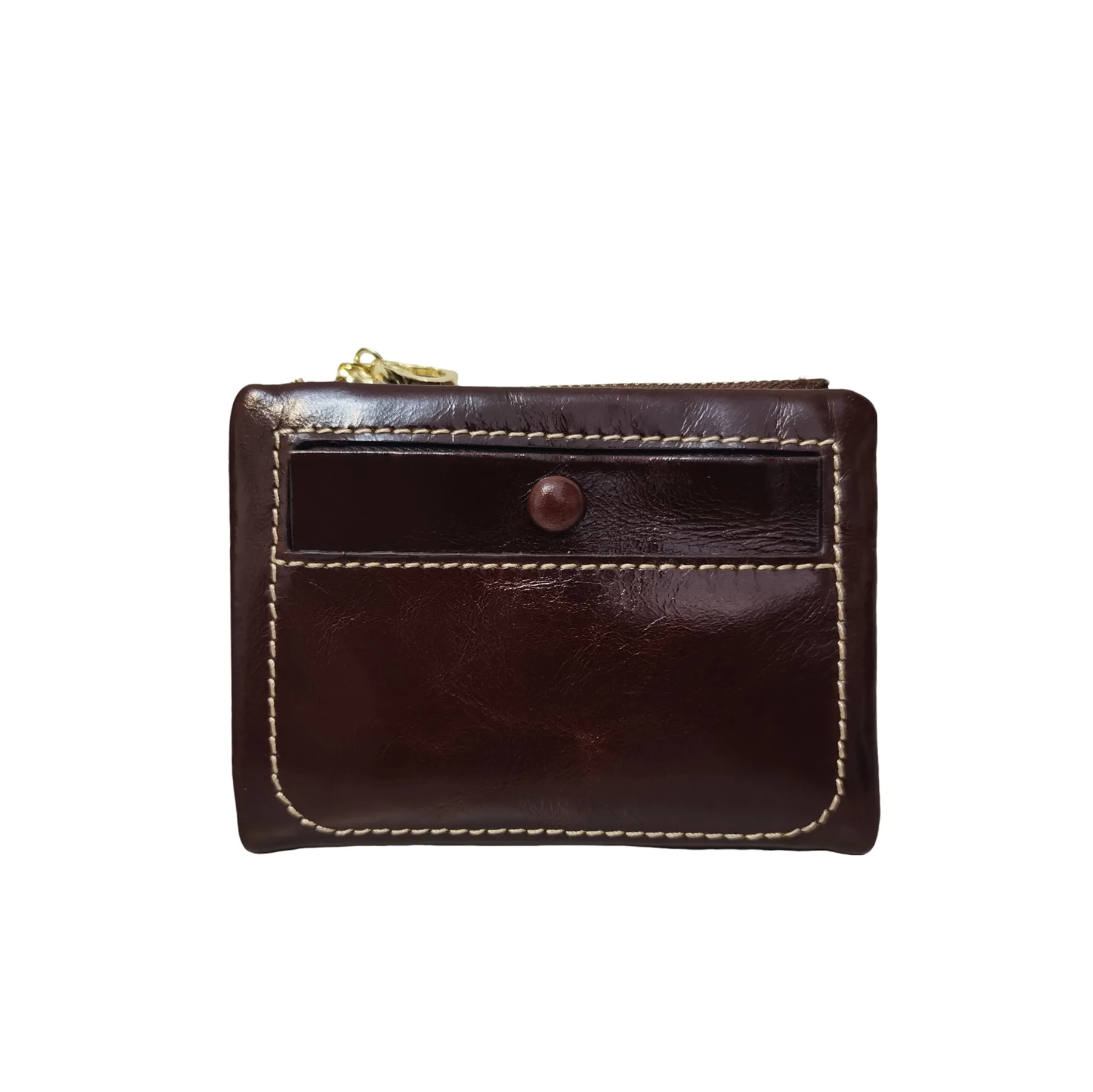 Women's genuine waxed cowhide leather short wallet/coin pouch Button design with zip