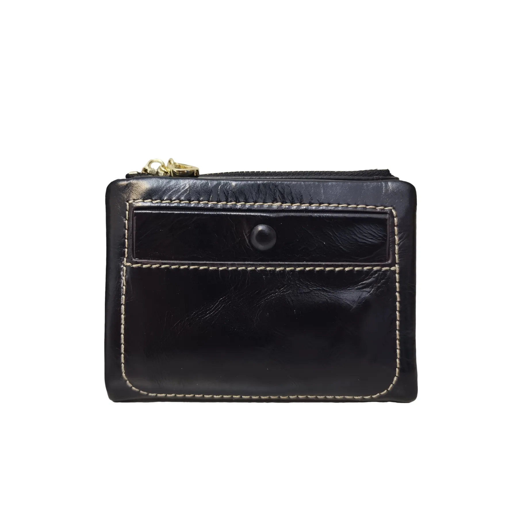 Women's genuine waxed cowhide leather short wallet/coin pouch Button design with zip