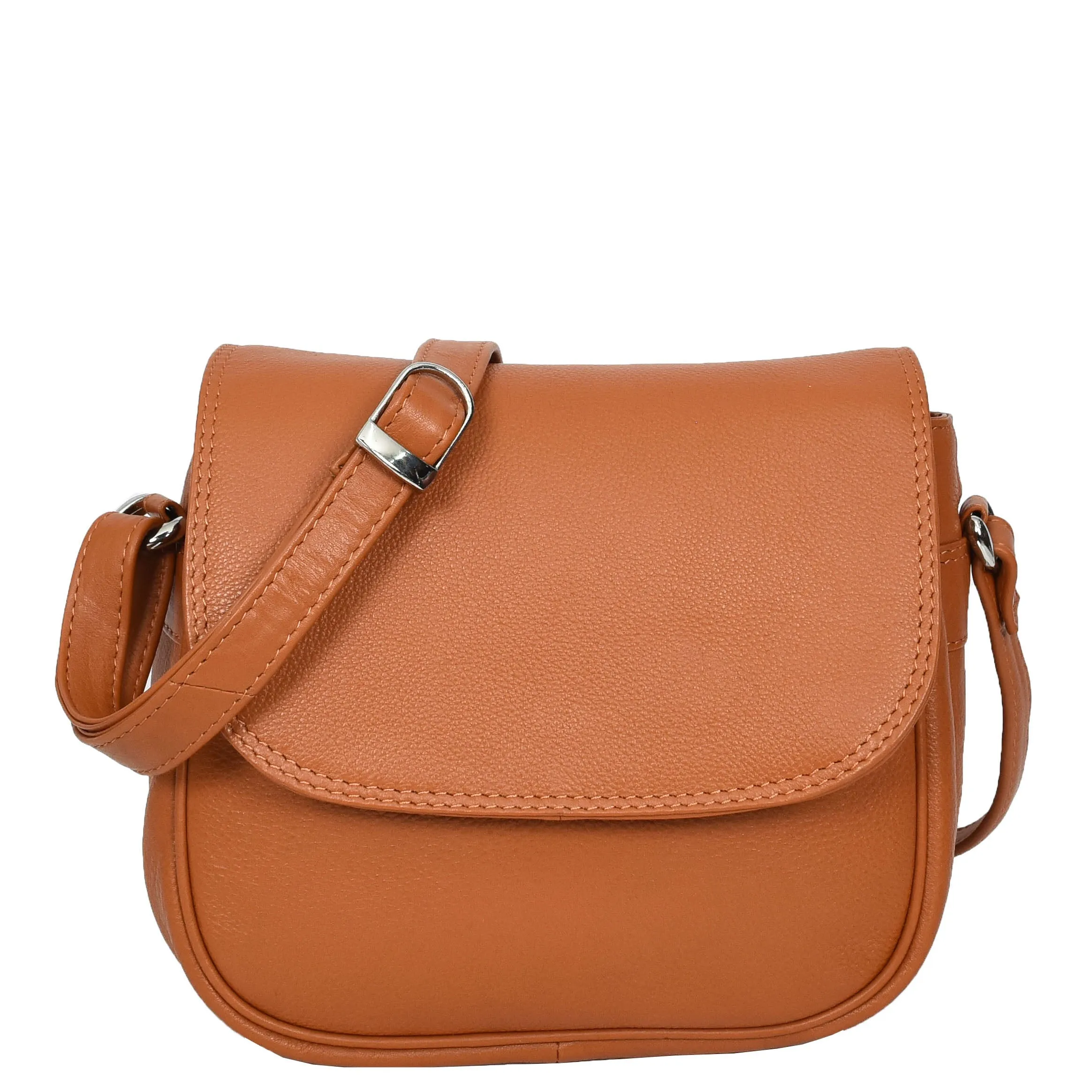 Womens Real Leather Small Crossbody Bag Classic Organiser Multi Pockets Kiera Tan