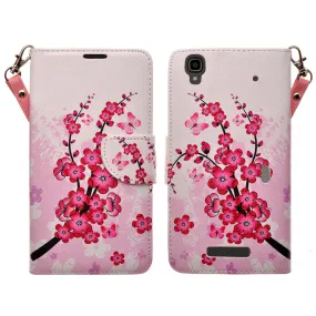 ZTE Max | N9520 | Boost Max Case, Wrist Strap Magnetic Flip Fold[Kickstand] Pu Leather Wallet Case with ID & Card Slots - Cherry Blossom